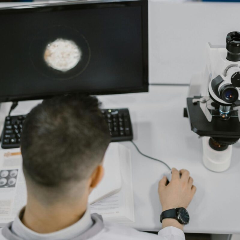 studioso al microscopio di autofagia o cleaning delle cellule