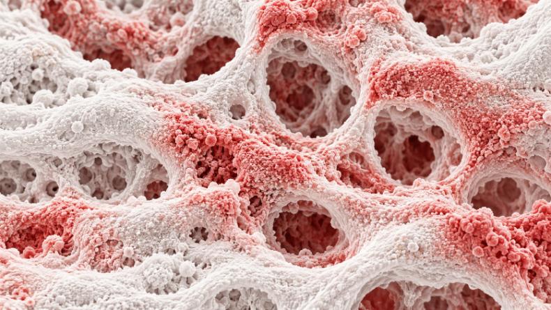 Dettaglio macro ultra-realistico di tessuto cellulare infiammato, micrograph scientifica con trame biologiche